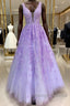Purple Lace Long A-Line Prom Dresseses