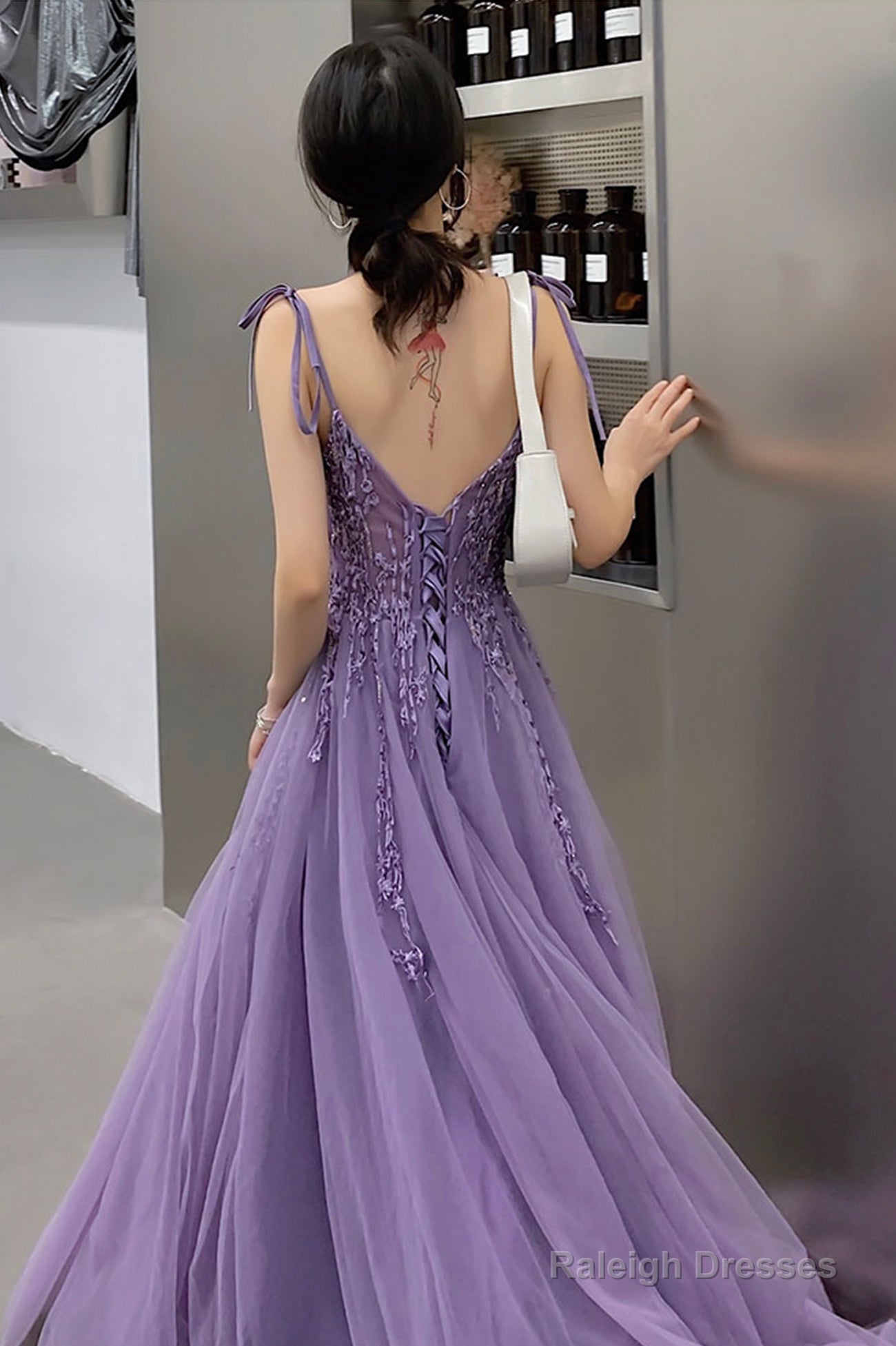 Purple Lace Long Prom Dresses, A-Line Purple Evening Graduation Dresses
