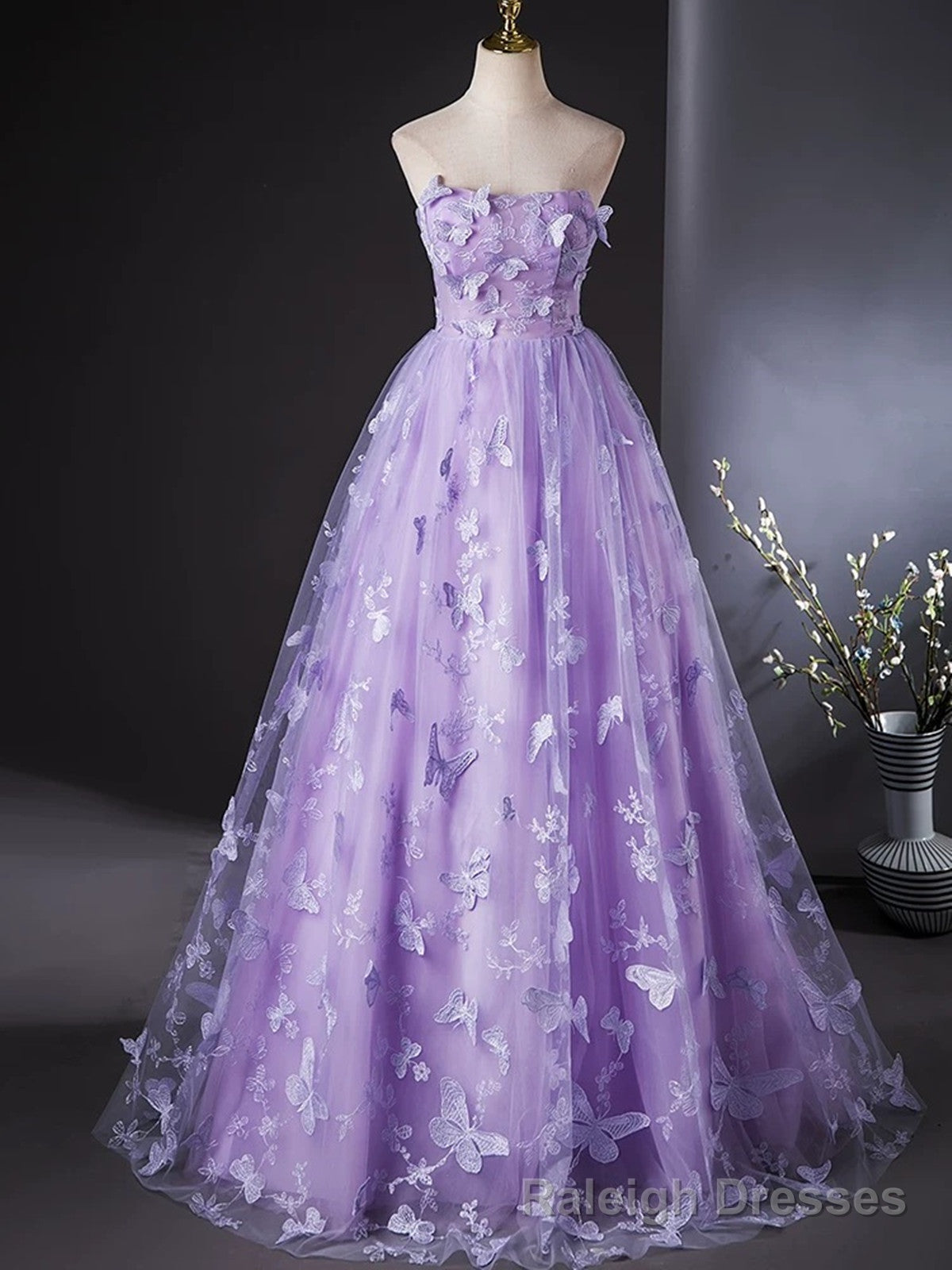 Purple Lace Strapless Floor Length Prom Dress, Purple Lace Long Prom Dress Main image