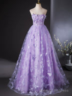 Purple Lace Strapless Floor Length Prom Dress, Purple Lace Long Prom Dress