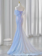 Purple Laser Sequin Beaded Mermaid Women Prom Dress with Puff Sleeves Tassel Pearls Tulle Train Prom Gowns
