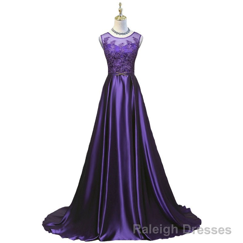Purple Long Round Neckline Prom Dress, Satin Wedding Prom Dress Main image