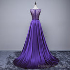 Purple Long Round Neckline Prom Dress, Satin Wedding Prom Dress