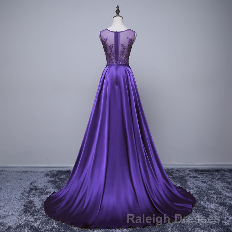 Purple Long Round Neckline Prom Dress, Satin Wedding Party Dress