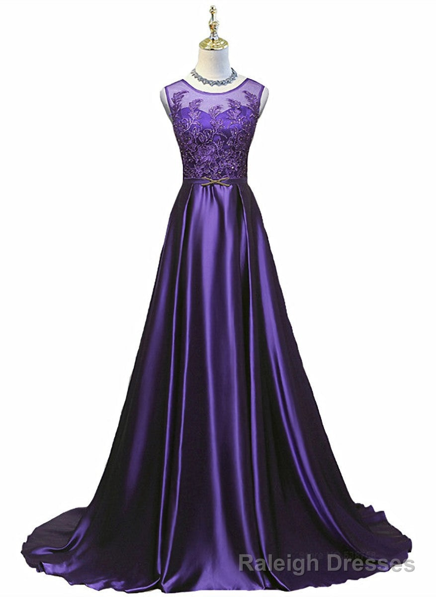 Purple Long Round Neckline Prom Dress, Satin Wedding Prom Dress
