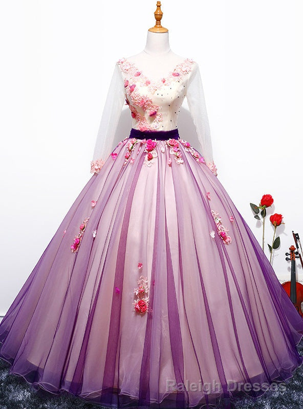 Purple Long V-neck Purple Tulle Appliques Quinceanera Dresses Main image