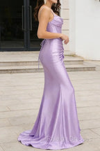 Purple Mermaid Corset Ruched Prom Dresses Long with Ruffled Slit