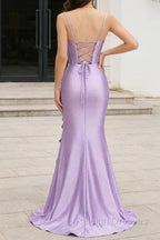 Purple Mermaid Corset Ruched Prom Dresses Long with Ruffled Slit