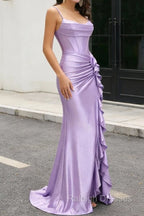 Purple Mermaid Corset Ruched Prom Dresses Long with Ruffled Slit