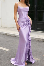 Purple Mermaid Corset Ruched Prom Dresses Long with Ruffled Slit