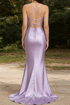 Purple Mermaid Corset Ruched Prom Dresses with Ruffled Slit