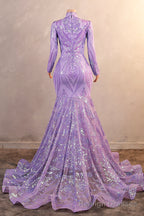 Purple Mermaid Prom Dresses Hight Neck Sequins Long Sleeve Evening Dresses