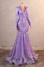 Purple Mermaid Prom Dresses Long Sleeves Sequin Long Prom Dresses