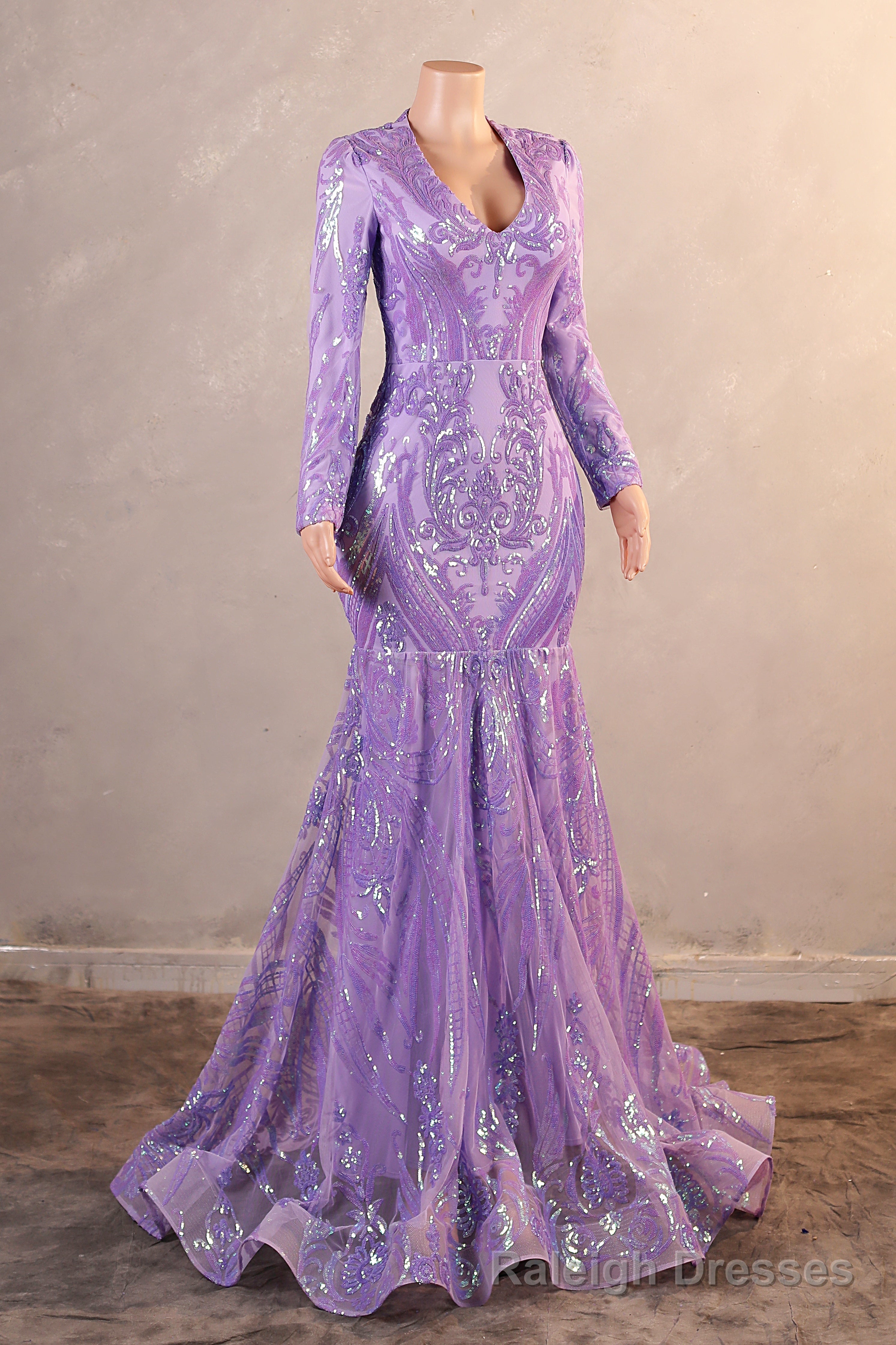 Purple Mermaid Prom Dresses Long Sleeves Sequin Long Prom Dresses