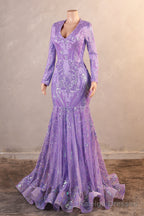 Purple Mermaid Prom Dresses Long Sleeves Sequin Long Evening Dresses