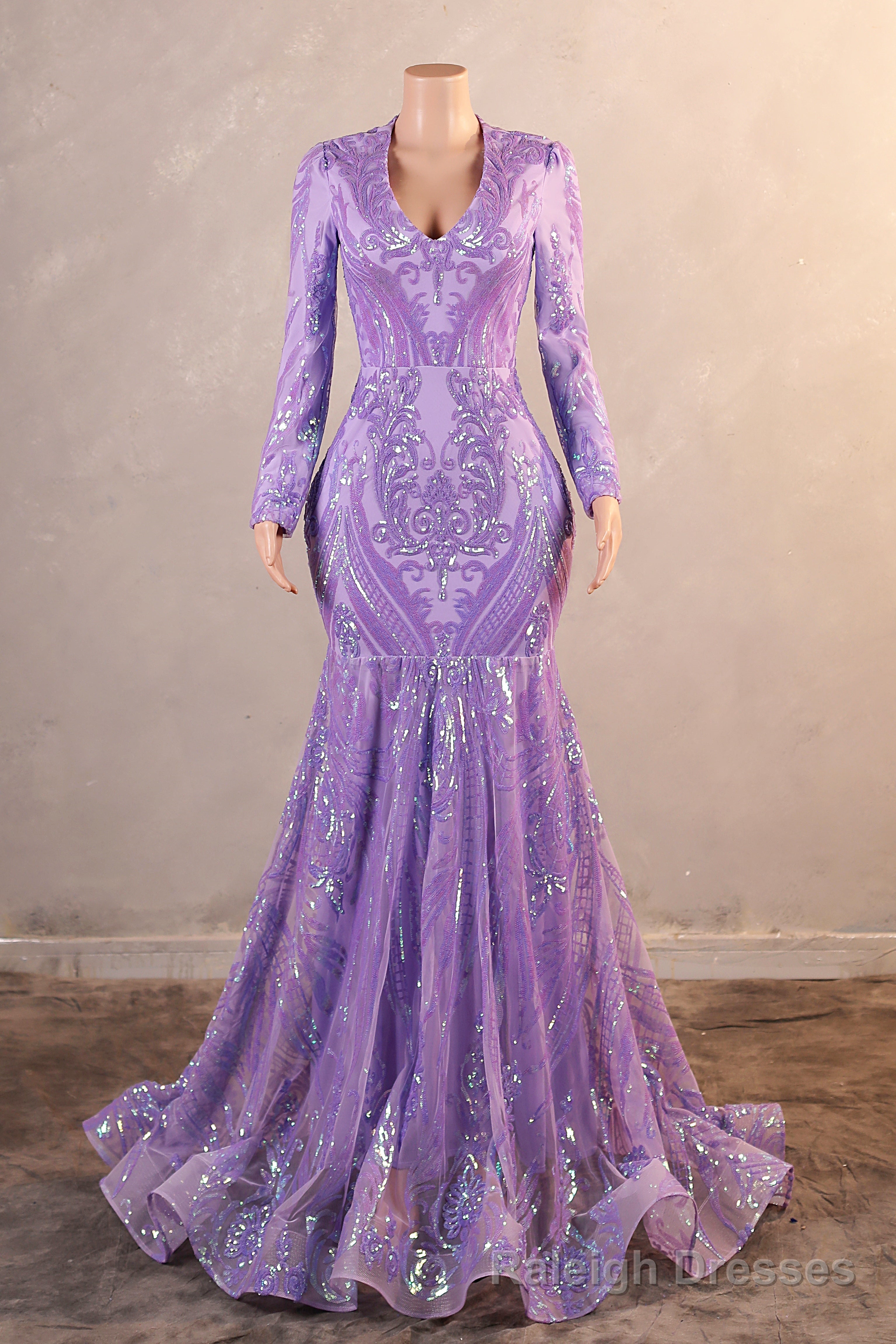 Purple Mermaid Prom Dresses Long Sleeves Sequin Long Evening Dresses Main image
