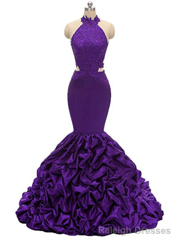 Purple Mermaid Satin Halter Appliques Beading Prom Dress Main image