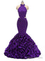 Purple Mermaid Satin Halter Appliques Beading Prom Dress