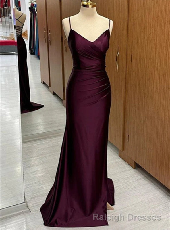 Purple Mermaid Satin Spaghetti Straps Pleats Prom Dress Main image