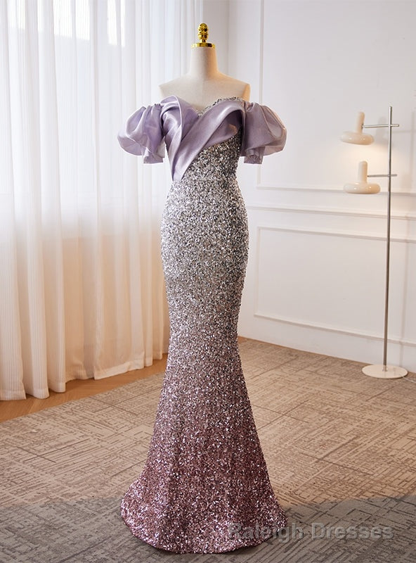 Purple Mermaid Sequins Off the Shoulder Prom Dress Main image