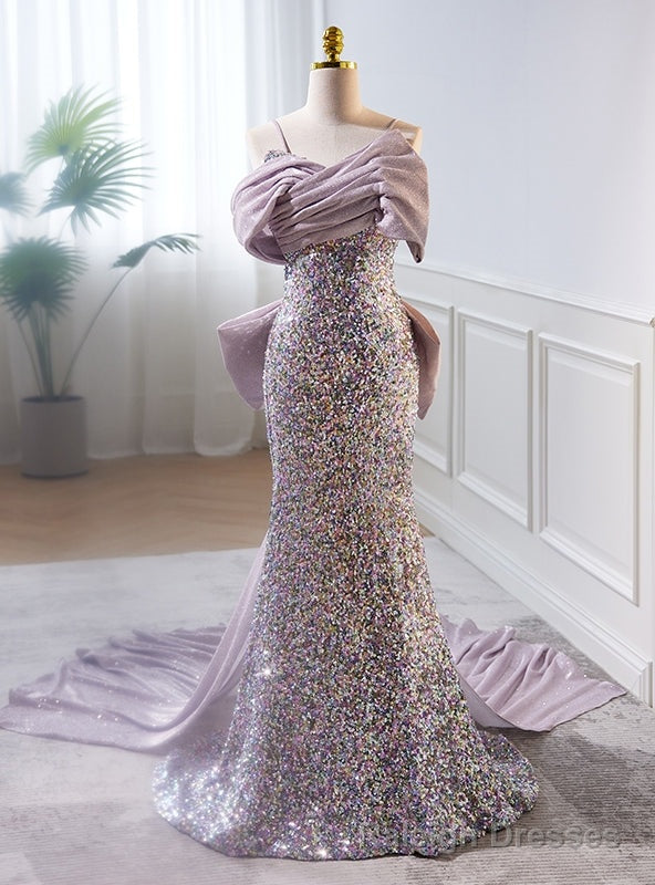 Purple Mermaid Sequins Spaghetti Straps Bow Prom Dress Main image