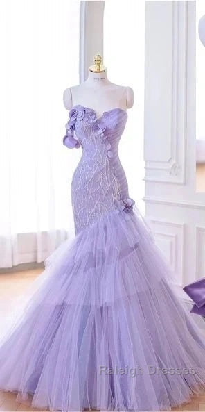 Purple Mermaid Sweetheart Neck Tulle Beaded Prom Dresses Long Strapless Sequin Applique Wedding Dresses Secondary image