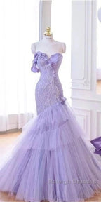 Purple Mermaid Sweetheart Neck Tulle Beaded Prom Dresses Long Strapless Sequin Applique Wedding Dresses