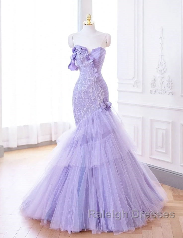 Purple Mermaid Sweetheart Neck Tulle Beaded Long Prom Dress Strapless Sequin Applique Wedding Dress