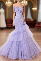 Purple Mermaid Sweetheart Neck Tulle Beaded Long Prom Dress Strapless Sequin Applique Wedding Dress