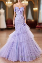 Purple Mermaid Sweetheart Neck Tulle Beaded Prom Dresses Long Strapless Sequin Applique Wedding Dresses
