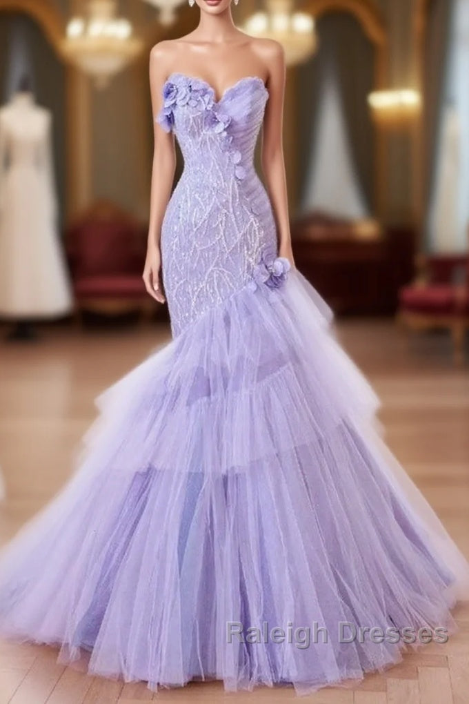 Purple Mermaid Sweetheart Neck Tulle Beaded Prom Dresses Long Strapless Sequin Applique Wedding Dresses