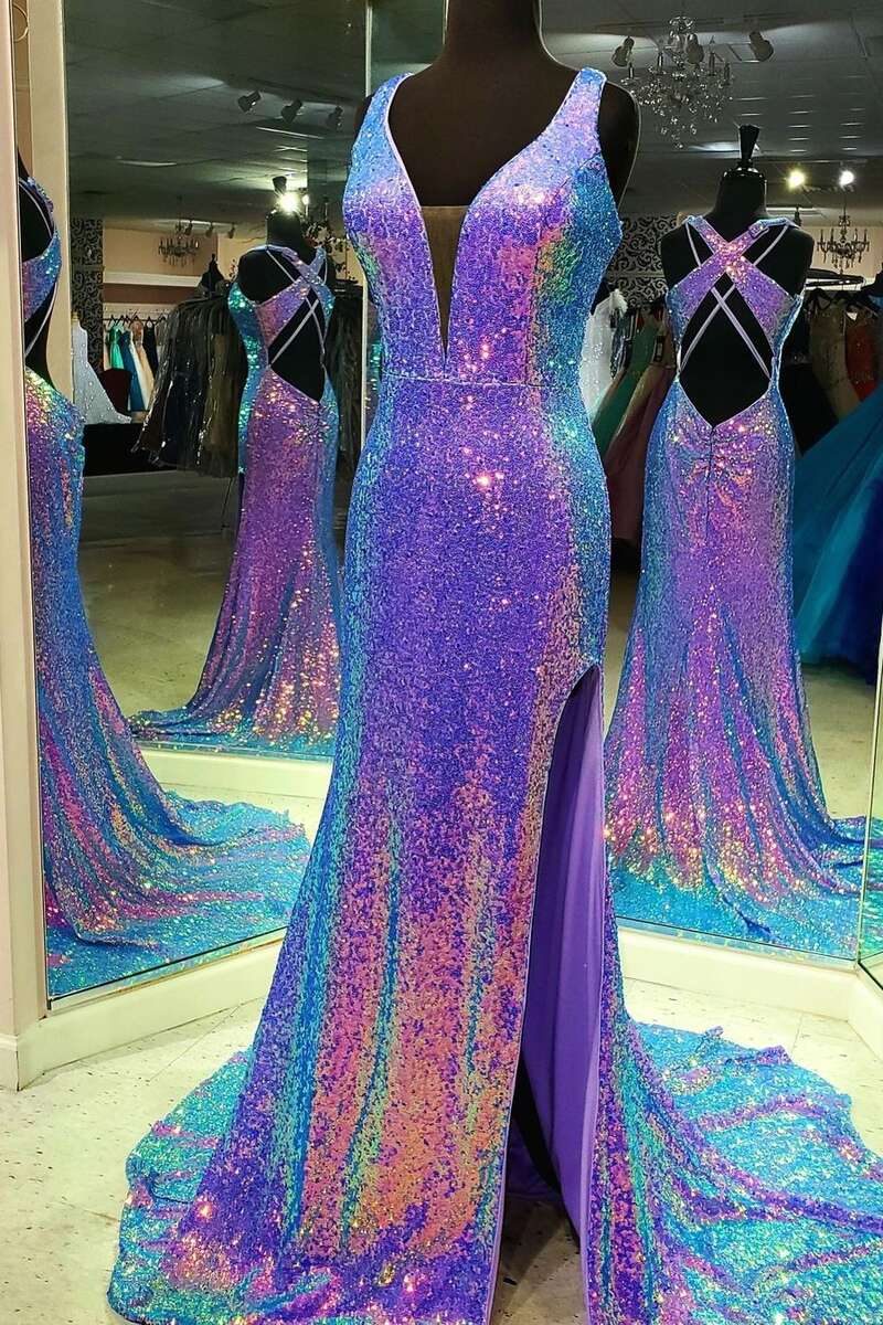 Purple Multi Sequins V-Neck Cross Back Long Prom Dresses