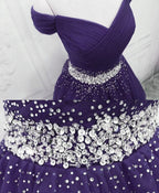 Purple Off Shoulder Knee Length Beaded Tulle Homecoming Dresses Sweetheart Short Prom Dresses