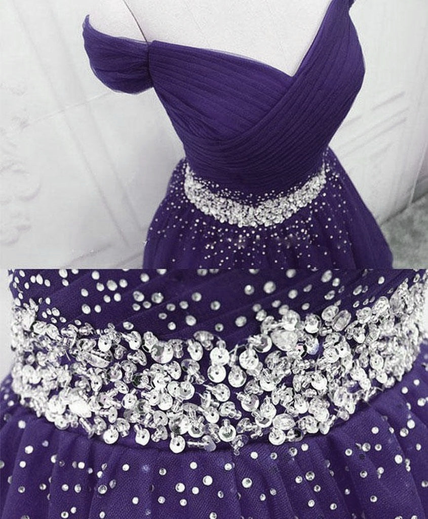 Purple Off Shoulder Knee Length Beaded Tulle Homecoming Dresses Sweetheart Short Prom Dresses