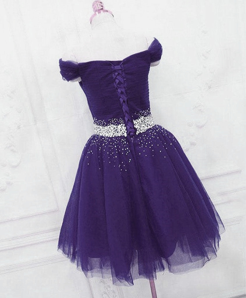 Purple Off Shoulder Knee Length Beaded Tulle Homecoming Dresses Sweetheart Short Prom Dresses