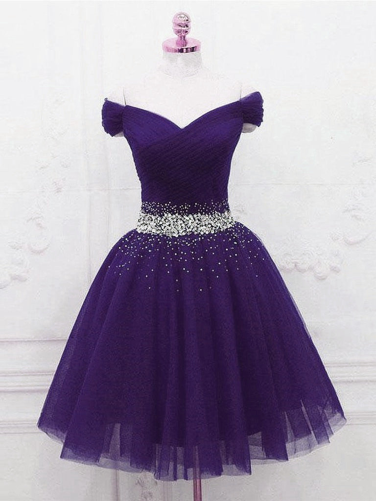 Purple Off Shoulder Knee Length Beaded Tulle Homecoming Dresses Sweetheart Short Prom Dresses Main image