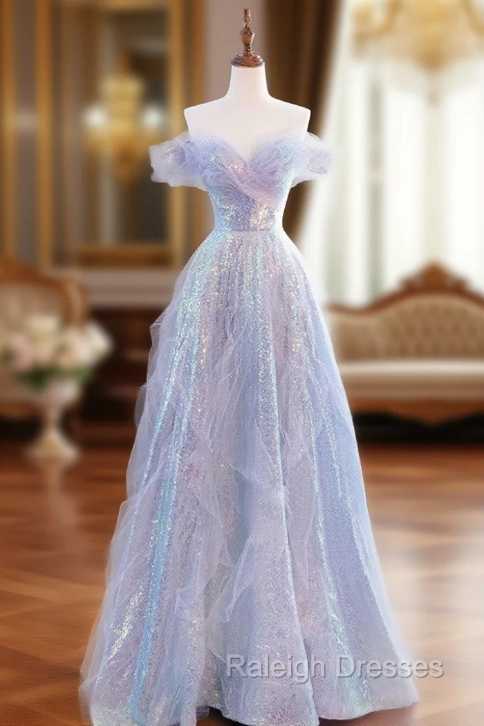 Purple Off Shoulder Sequin Tulle Long Prom Dress, Purple Formal Evening Dresses Main image
