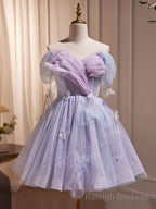 Purple Off Shoulder Tulle Short Prom Dress, Purple Homecoming Dress