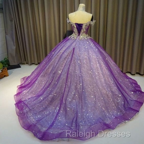 Purple Off The Shoulder Ball Gown , Bling Bling Prom Dress