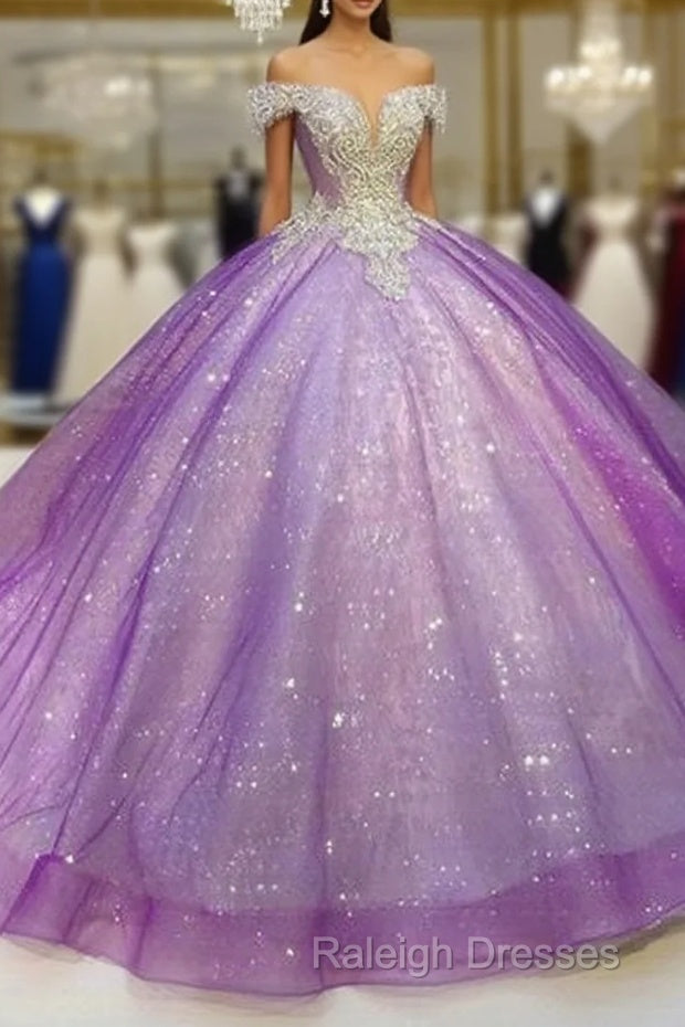 Purple Off The Shoulder Ball Gown , Bling Bling Prom Dress