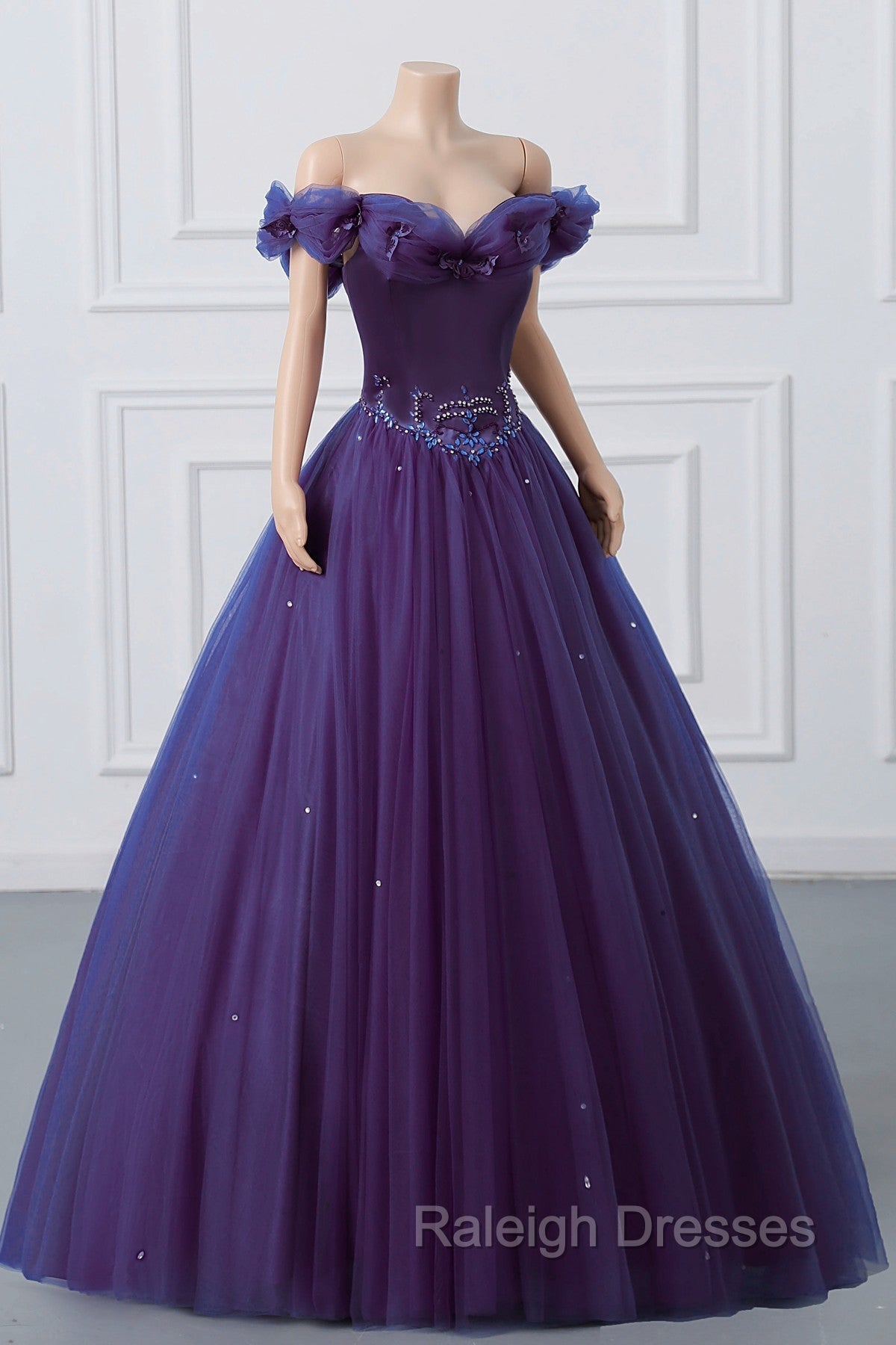 Purple Off-The-Shoulder Sweetheart Party Dress, Beaded Flowers Ball Gown Tulle Prom Dresses Secondary image
