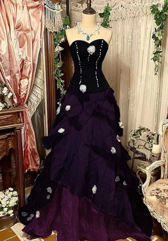 Purple Pink Blue Gradient Fashion Retro Elegant Delicate Floral Beads Sweet Elegant Long Tulle Floor Length Ball Gown Evening Gown