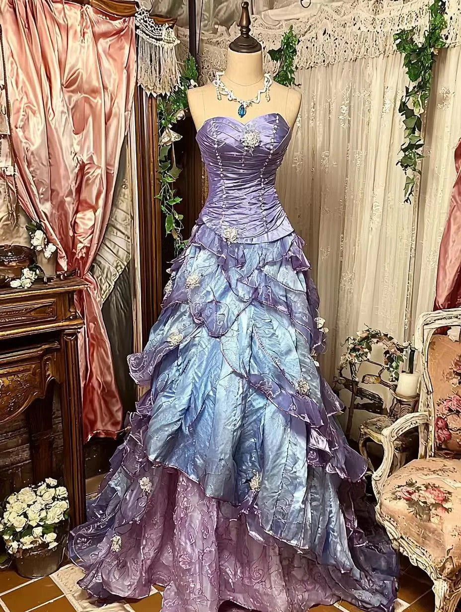 Purple Pink Blue Gradient Fashion Retro Elegant Delicate Floral Beads Sweet Elegant Long Tulle Floor Length Ball Gown Evening Gown
