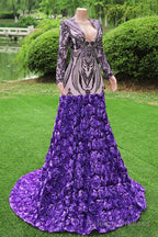 Purple Rose Prom Dresses Sequined V Neck Mermaid Prom Prom Dresses Flowers Long Sleeves Pageant Gowns