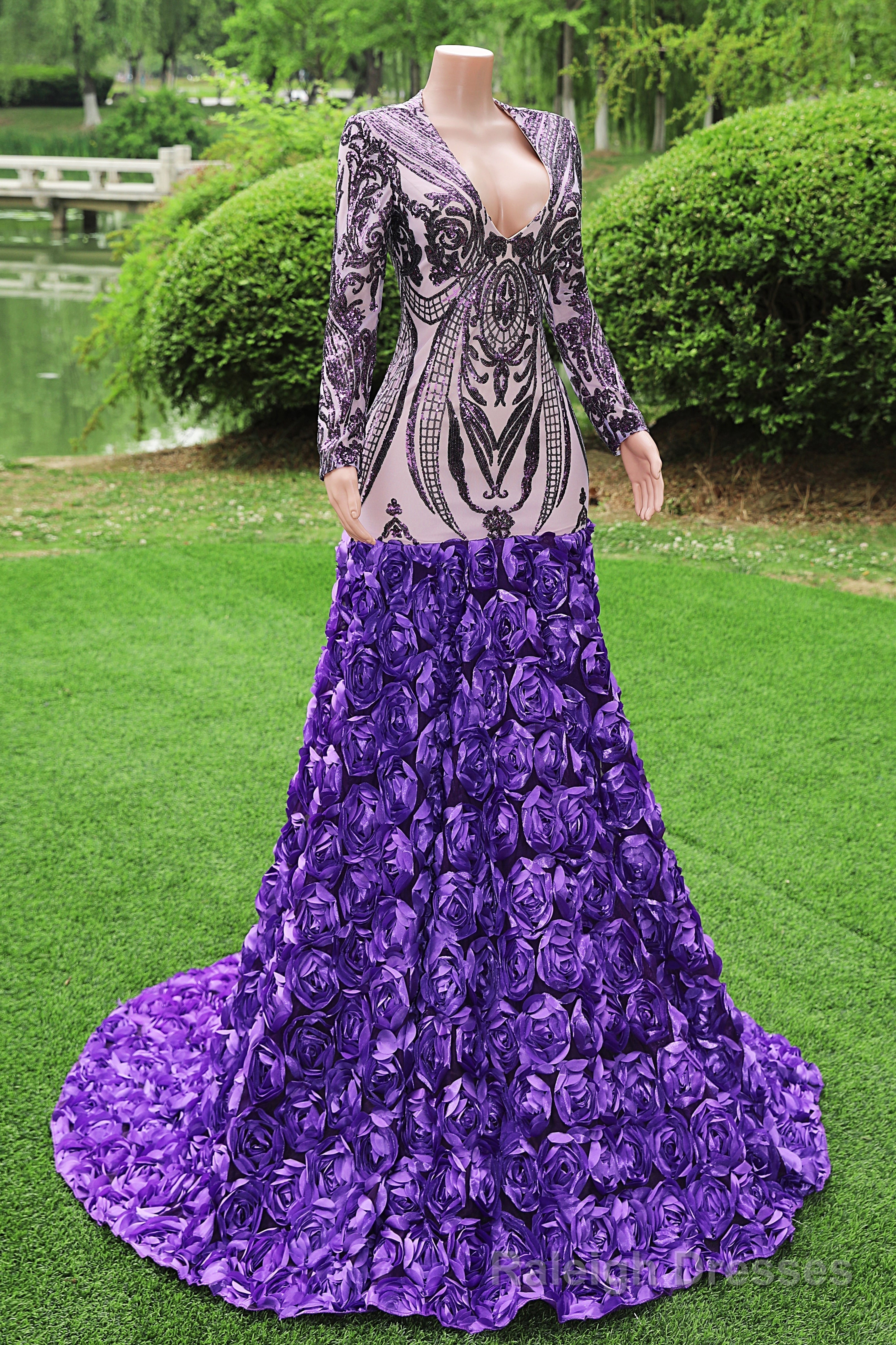 Purple Rose Prom Dresses Sequined V Neck Mermaid Prom Prom Dresses Flowers Long Sleeves Pageant Gowns
