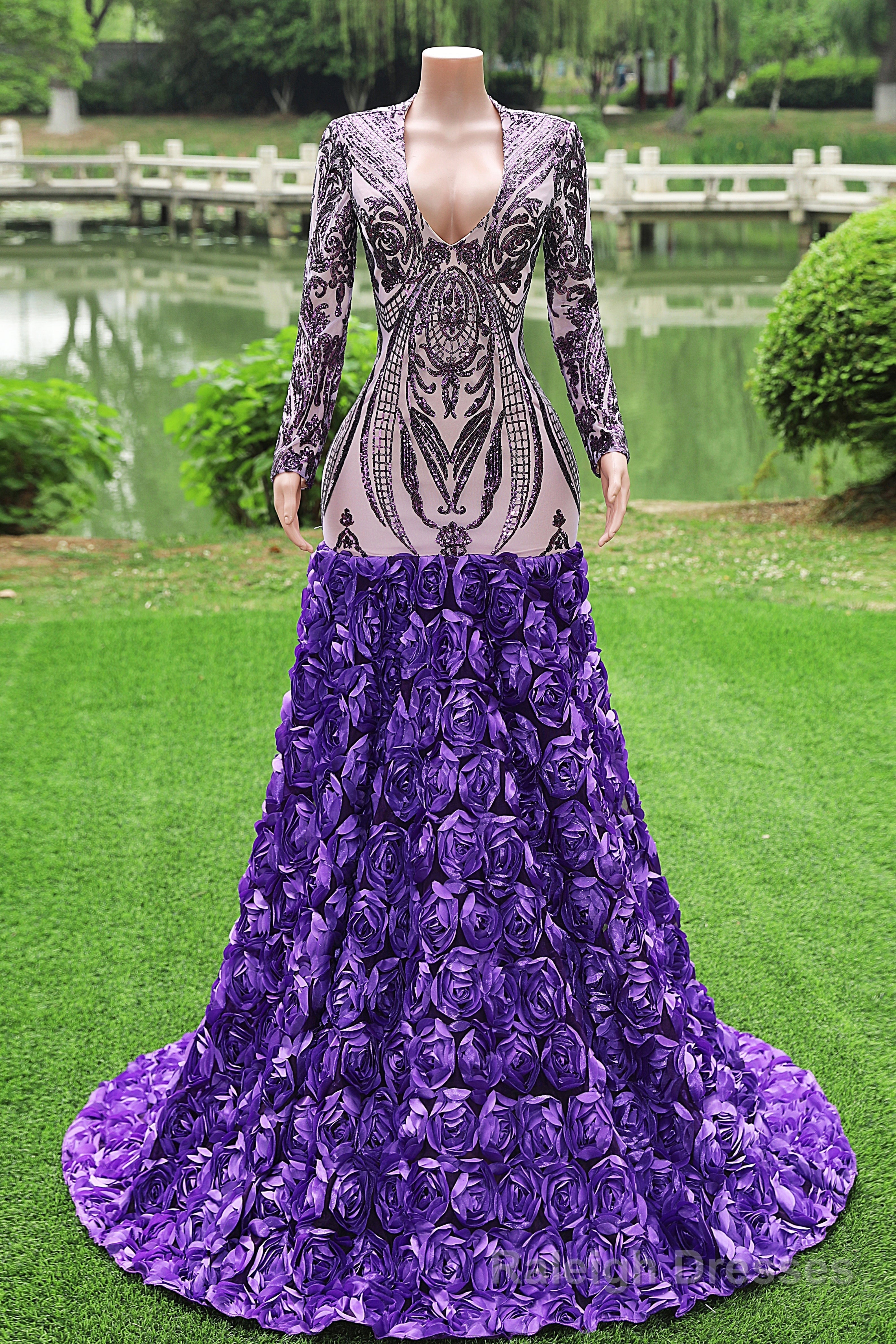 Purple Rose Prom Dresses Sequined V Neck Mermaid Evening Party Dresses Flowers Long Sleeves Pageant Gown Main image