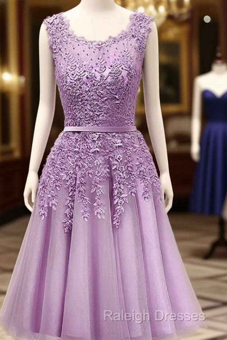 Purple Round Neckline Tulle Short Beaded Lace Knee Length Homecoming Dresses Main image