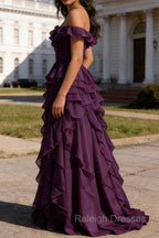 Purple Ruffled A-Line Square Neck Long Prom Dresses