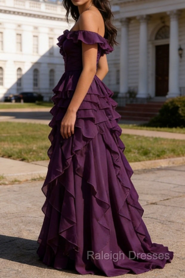 Purple Ruffled A-Line Square Neck Long Prom Dresses