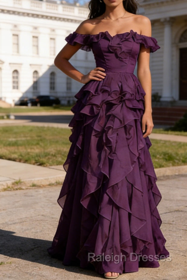 Purple Ruffled A-Line Square Neck Long Prom Dresses Main image